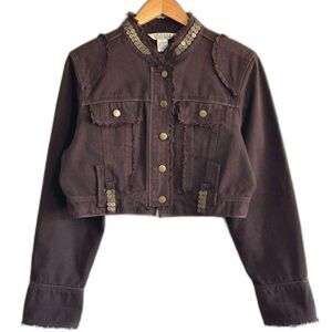 JohnPaulRichard Crop Jacket Sz L Brown Denim ButtonUp Long Sleeve Sequin Vintage